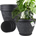 4 Pack 16 Inch Large Plant Pot for Outdoor, Plastic Flower Pot Indoor with Drainage Hole & Saucer, Modern Decorative Garden Pot, Imitation Magnolia Garden Pots for House Planters（Gray）