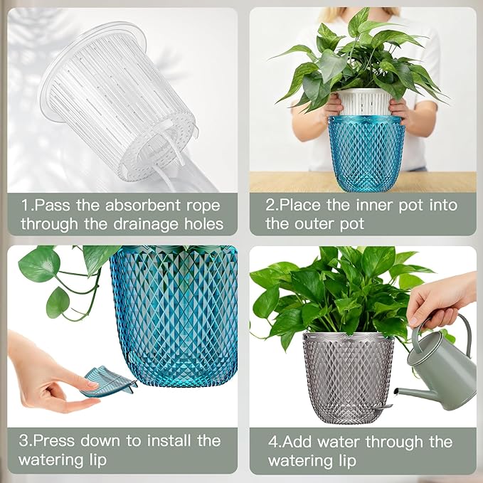 QCQHDU 2 Pack Self Watering Pots, 5.7 Inch Flower Pots with Drainage Holes and Water Filling Port, Garden Planter for Indoor Outdoor Plants (Gray)