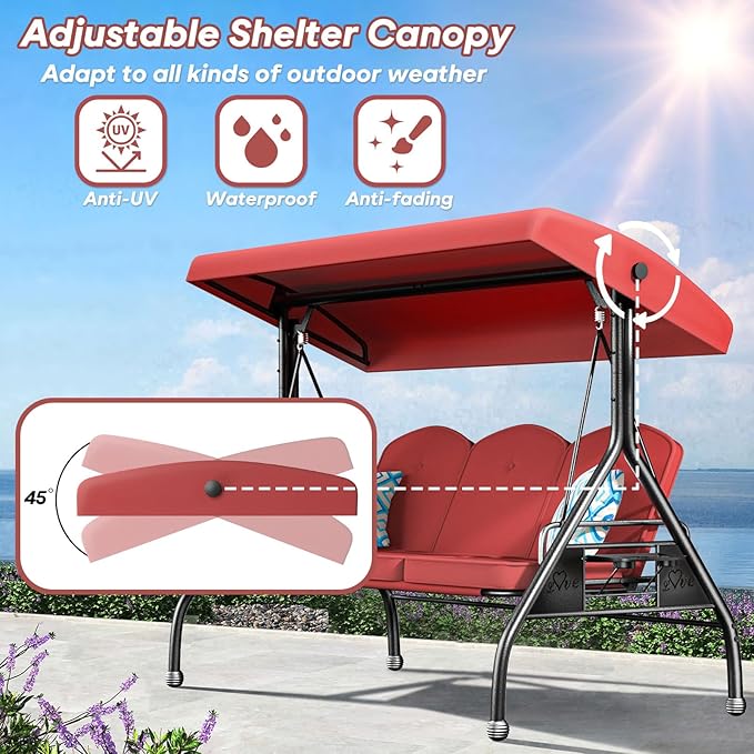3 Seat Outdoor Porch Patio Swing with Stand 800lbs 2-in-1 Convertible Swing Bed with Adjustable Canopy & Removable Cushion for Yard Garden Deck (Wine Red, Round Tube)