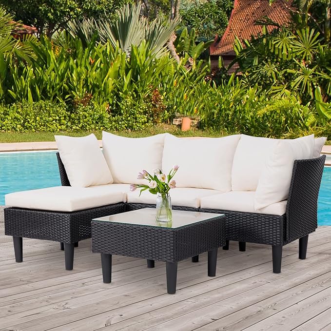 5 Pieces Patio Furniture Sets Outdoor Sectional Sofa Rattan Chair Wicker Conversation Set for Outdoor Backyard Porch Poolside Balcony Garden Furniture with Coffee Table,Khaki Cushion