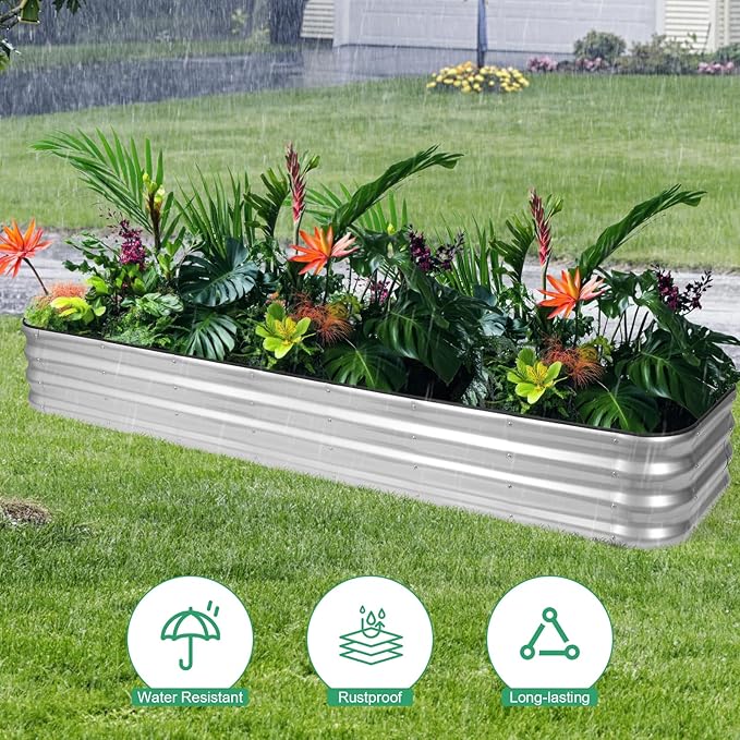 1MORE Raised Garden Bed -8X2X1 Galvanized Planter Box for Outdoor Gardening,5 in 1 Modular Raised Bed Kit with Protective Tape, Gloves for Herb,Ideal for Vegetables and Plants.Sliver-2pack