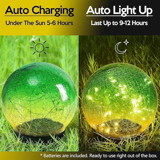 Outdoor Waterproof IP65 Solar Globe Lights, Led Solar Light Balls for Lawn Garden Patio Table Art Decoration, Yard Landscape Illuminated Cracked Glass Sphere Gazing Ball Lights, Round Ornaments Orbs