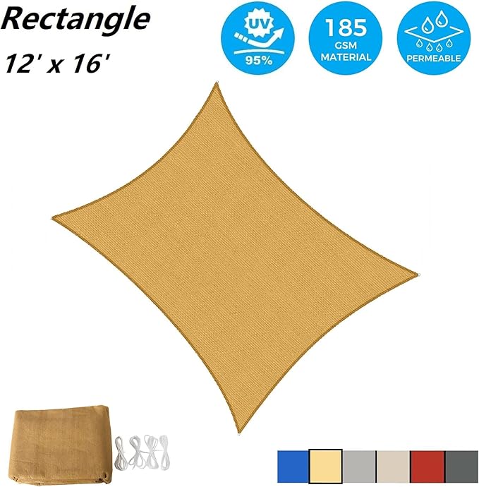AsterOutdoor Sun Shade Sail Rectangle 12' x 16' UV Block Canopy for Patio Backyard Lawn Garden Outdoor Activities, Sand