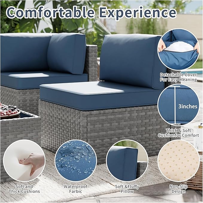 SUNLEI 5pcs Patio Furniture Sets Conversation Set, Low Back All-Weather Rattan Sectional Sofa with Tea Table&Washable Couch Cushions, Outdoor Furniture Set (Silver Rattan)