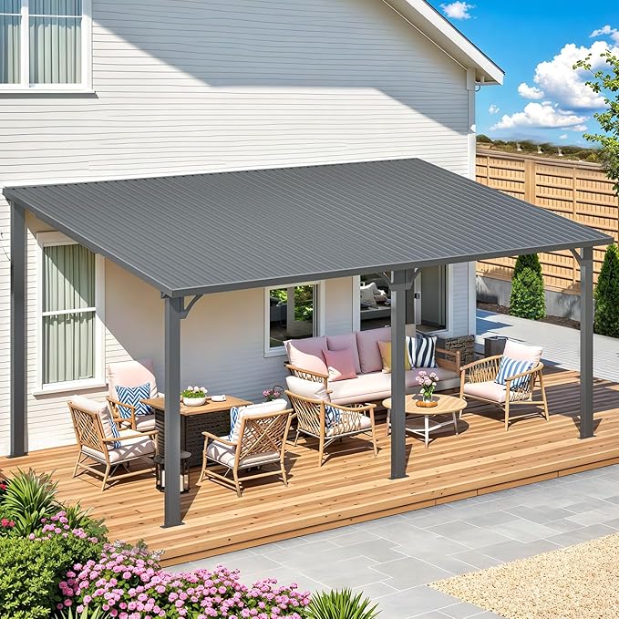 AECOJOY 16' x 10' Outdoor Hardtop Gazebo Pergola for Patio, 10x16 Large Galvanized Steel Heavy Duty Lean to Wall-Mounted Pergolas and Gazebos Clearance, Metal Patio Roof Awnings for Backyard, Decks