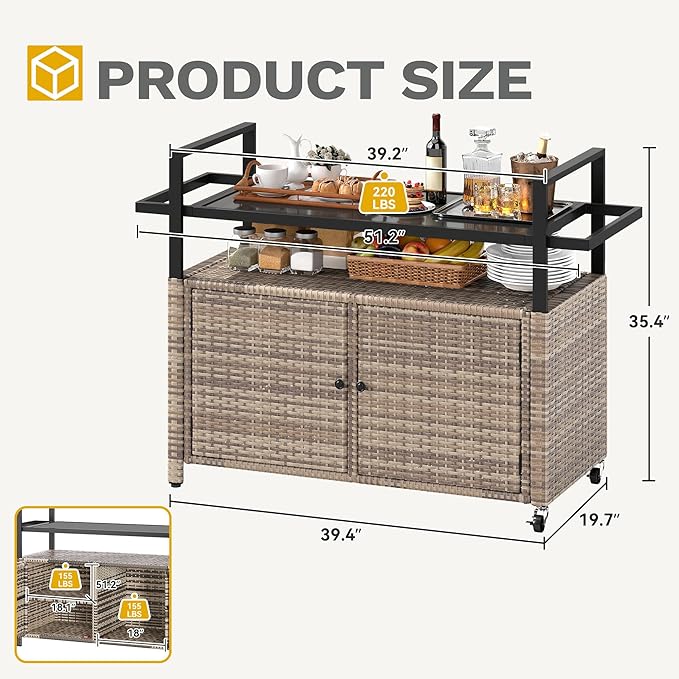 DWVO XL Outdoor Storage Cabinet,Patio Storage Table with Glass Top, Bar Table with Wheels,Outdoor Bar Cart for Patio, Poolside and Backyard,Light Brown