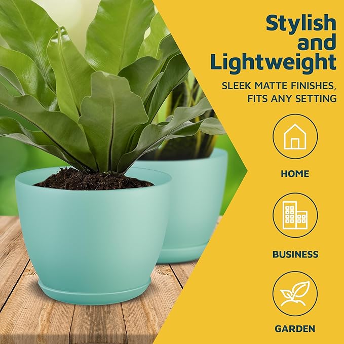 Aqua Plant Pots with Drainage Holes & Saucers 3 Pack, Indoor & Outdoor Stackable Space-Saving Planters for Houseplants & Flowers, (7", 6.7", and 6" Inches), Durable & Weatherproof Materials