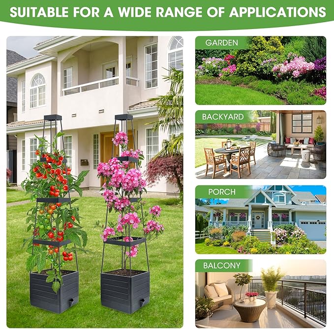 2 Pack Raised Garden Bed Planter Box with Trellis, 58” Tomato Cage Planter Raised Garden Bed with Trellis for Climbing Vegetables Plants Tomato Cage w/Self-Watering, Indoor Outdoor Use