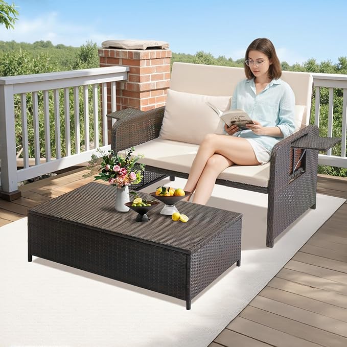 VINGLI Patio Daybed, Wicker Outdoor Daybed with Storage Ottoman & 5-Level Adjustable Backrest, All-Weather Rattan Cushioned Patio Loveseat Sofa for Garden Balcony Backyard (Beige, Brown)