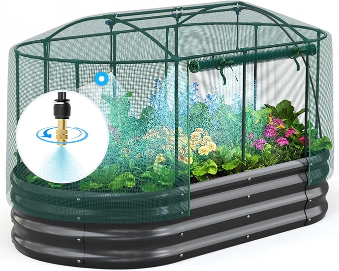Quictent Galvanized Raised Garden Bed Kit with Self Watering System and Mesh Cover, Large Oval Metal Outdoor Planter Garden Boxes for Vegetables Herbs Flowers, 6x3x1Ft