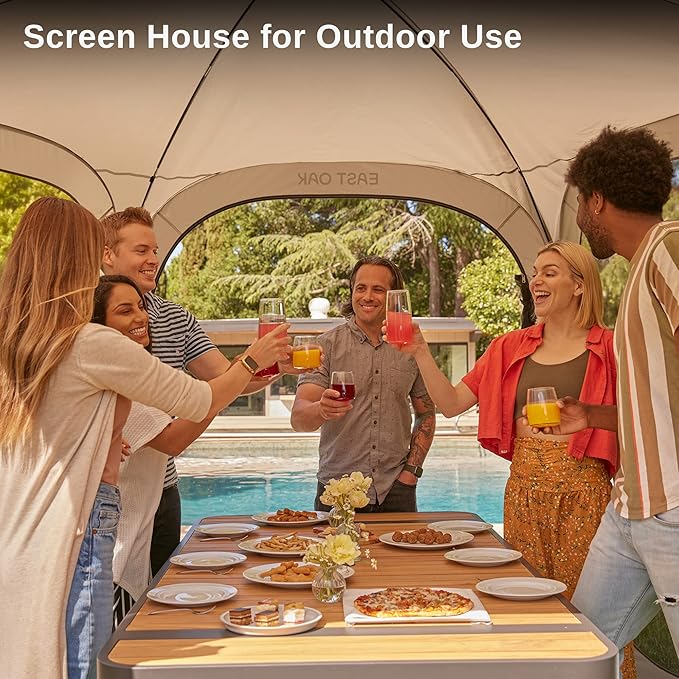 East Oak Screen House Tent Pop-Up, Portable Screen Room Canopy Instant Screen Tent 12 x 12 FT with Carry Bag for Patio, Backyard, Deck & Outdoor Activities, Beige