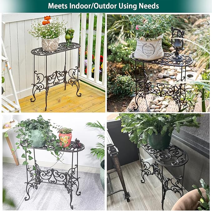 Sungmor Heavy Duty Cast Iron Potted Plant Stand Garden Table - 22.6IN. 1 Tier Metal Stands - Decorative & Vintage Style Indoor Outdoor Corner Shelf for Planters Vases Lanterns Ornaments Books and More