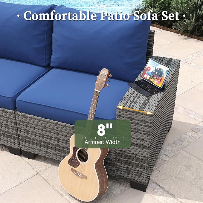 Aoxun 6 Piece Patio Furniture Set with Wide Armrests Wicker Rattan Outdoor Sectional Sofa Set with Coffee Table and Thickened Cushions, Grey/Blue(Waterproof Cover Included)