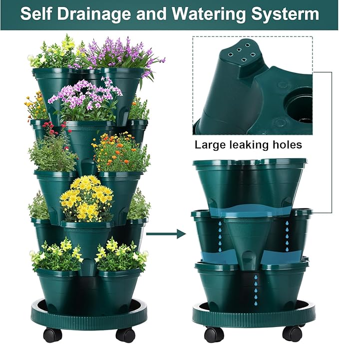 Umigy 2 Set 5 Tier Stackable Planters Vertical Garden Planters for Strawberry Herb Flower and Vegetable Indoor Outdoor Gardening Pots with Removable Wheels and Bottom(Dark Green)