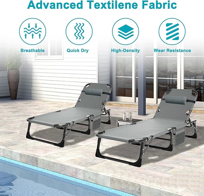 ABORON 2PK Heavy Duty Tanning Chair, 5-Gear Outdoor Folding Chaise Lounge Chair with Cushion,Portable Beach Lounge Chair for Outdoor Sunbathing Patio Pool Lawn Deck Poolside, Royal Blue-2pc