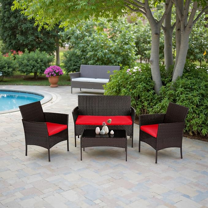 FDW | 4-Piece Patio Furniture Set | Brown & Red | Outdoor Wicker Furniture with Coffee Table | Modern Rattan Chairs Conversation Set | Outdoor Seating | Weather-Resistant | for Porch, Garden, Lawn