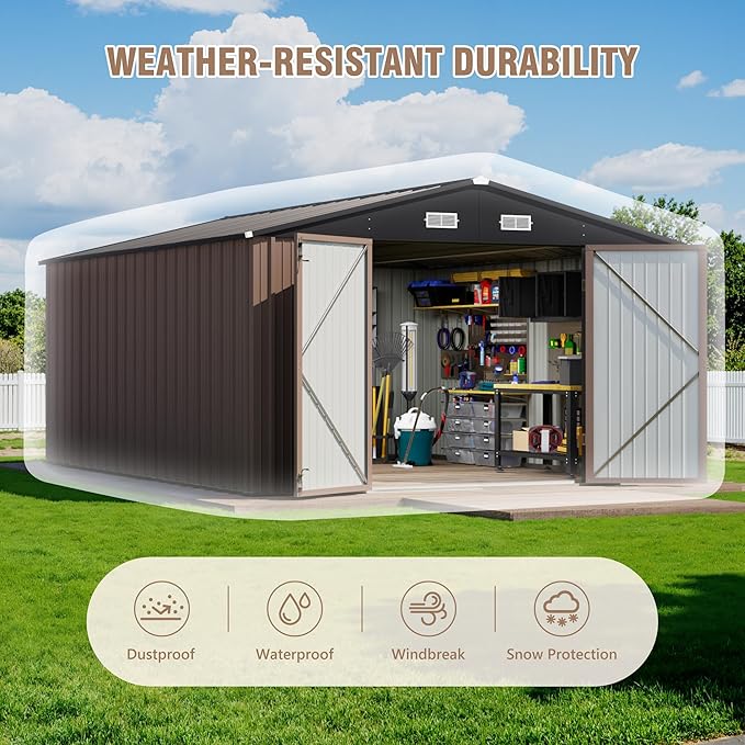 Greesum 10×14 FT Outdoor Storage Shed, Metal Storaged Sheds Without Floor, Tool Sheds with Lockable Doors and Sloping Roof for Garden, Patio, Brown