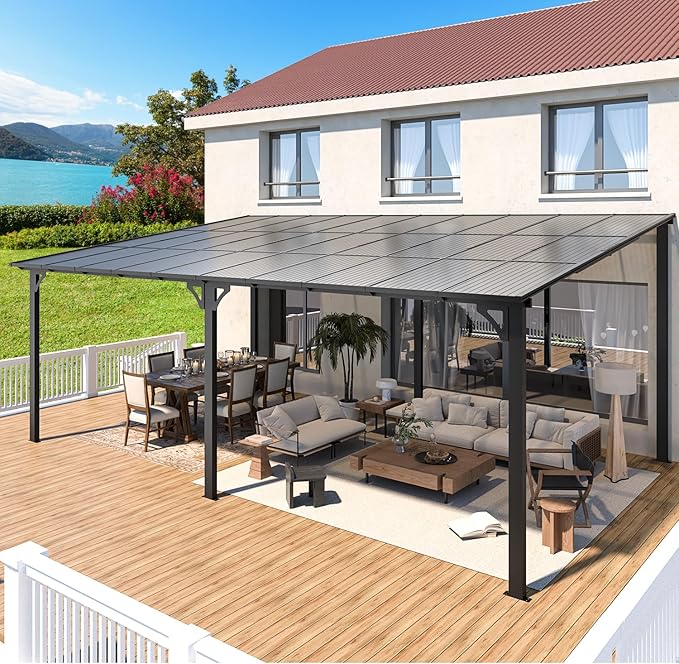 AECOJOY 20' x 12' Gazebo for Patio, Large Wall-Mounted Hard Top Lean-to Gazebo Pergola with Roof 12' x 20' on Clearance, Heavy Duty Patio Awnings for Decks, Backyard