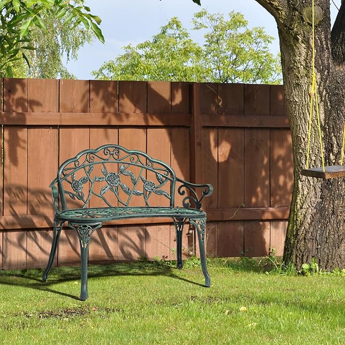 VINGLI 38.5" Patio Park Garden Outdoor Metal Rose Bench, 2-Person Cast Iron Cast Aluminium Frame Antique Finish Chair,Accented Lawn Front Porch Path Yard Decor Deck Furniture (Green, Rose)