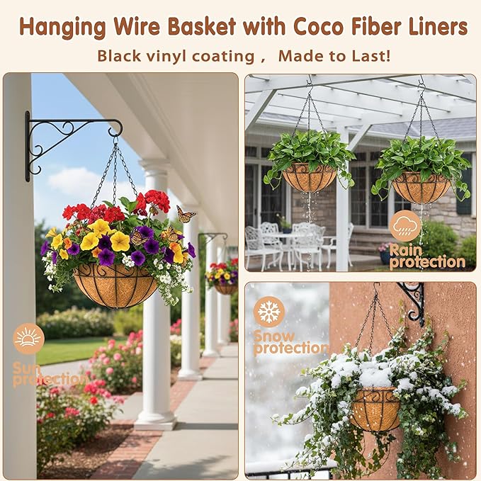 12 inch Metal Hanging Baskets For Plants Outdoor 4 Pack Round Metal Wire Hanging Basket Planter with Coco Fiber Liners Chain Round Wire Plant Holder for Garden, Patio, Deck, Porch Plants Flower Potss