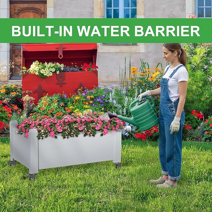 Raised Garden Bed with Wheels, 14 Gallon Self-Watering Raised Planter Box with Drainage Plug & Gauge for Vegetables Flowers Herbs Succulents, Rustproof Resin for Backyard Patio Porch (Ashen)