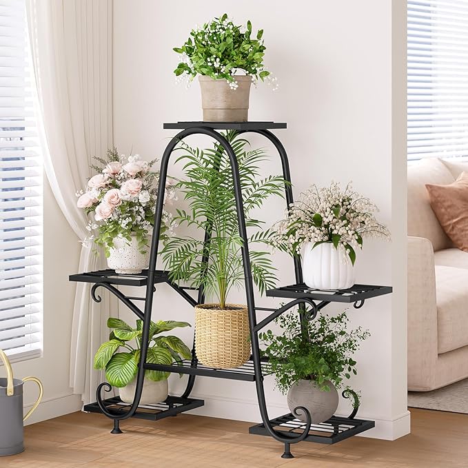 Plant Stand Indoor Outdoor Shelf Metal Holder Pot Rack Multiple Plants Stand Tall 6 Pot Flower Shelf Corner Living Room Garden,Black (Black, 6 Pots)