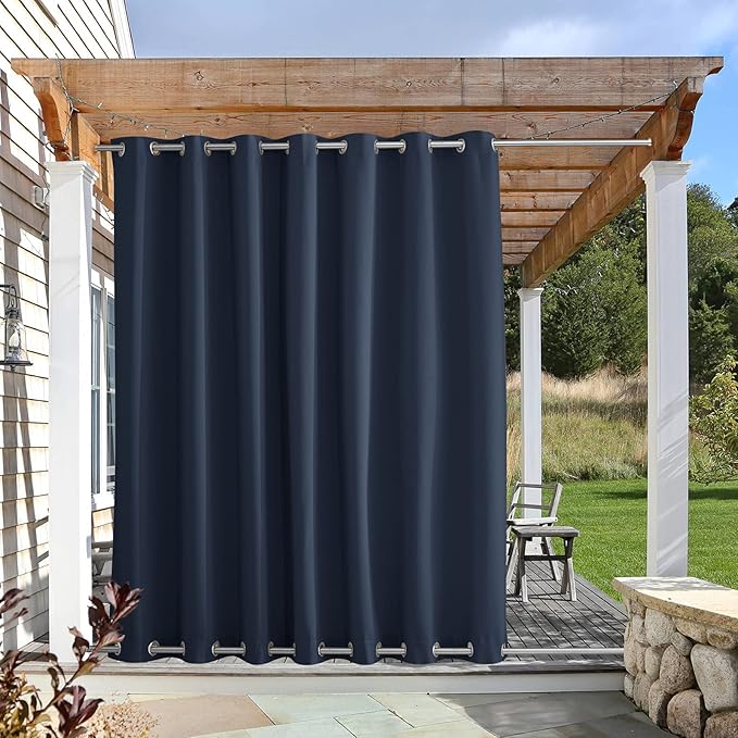 NICETOWN Weighted Blackout Outdoor Curtain for Patio Waterproof, Rustproof Grommet Top and Bottom Public Divider Windproof Thermal Insulated Drape for Porch, Navy Blue, 1 Panel, W100 x L108