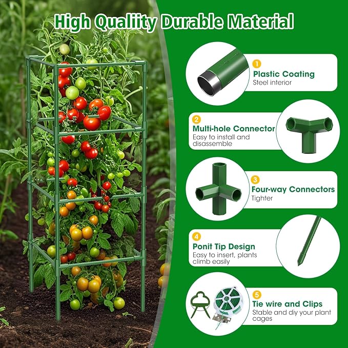 3 Pack Square Tomato Cages for Garden, 42 Inches Heavy Duty Metal Tomatoes Cages Plant Support Stakes Trellis with Clips for Climbing Plants Vegetables Flowers Fruits
