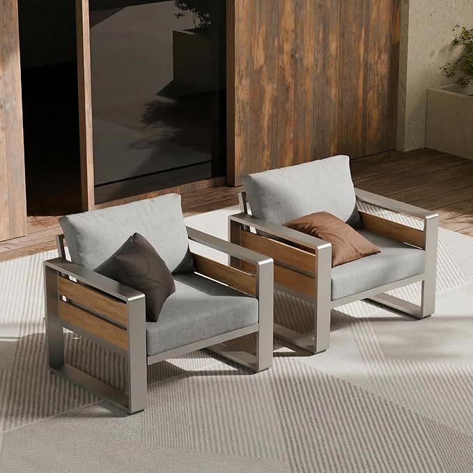 ZANDOR Aluminum Outdoor Patio Furniture - 2 Pcs Armchair, All-Weather Metal Modern Outside Furniture with Washable Thick Cushion for Garden/Backyard/Porch, Silver