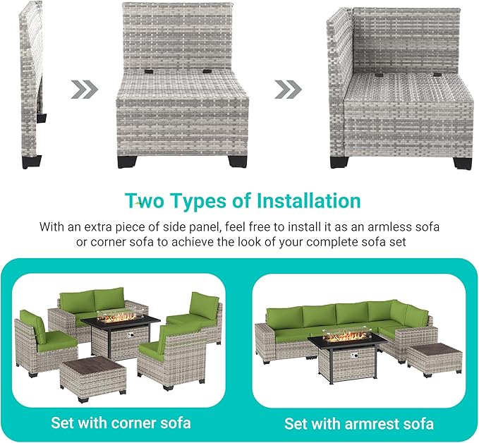 7-Piece Outdoor Patio Furniture Set with 55,000 BTU Fire Pit Table, PE Wicker Rattan Sectional Sofa Patio Conversation Set with Thickened Cushions & Coffee Table, Avocado Green