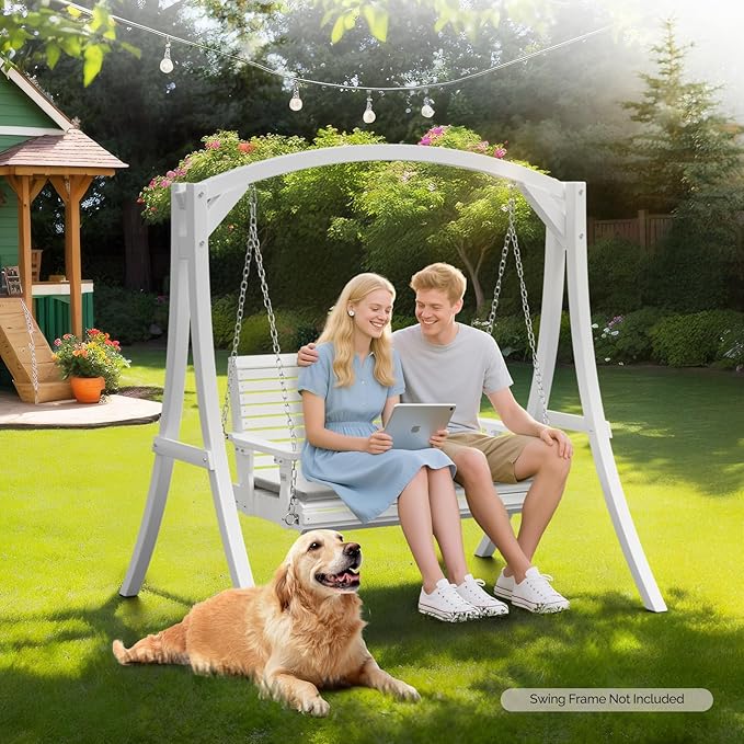 VINGLI Outdoor 4 FT Porch Swing, Heavy Duty 880 LBS Wooden Patio Swings with Cushions, Farmhouse Style Hanging Bench with Adjustable Chains for Yard | Garden | Lawn | Balcony, White