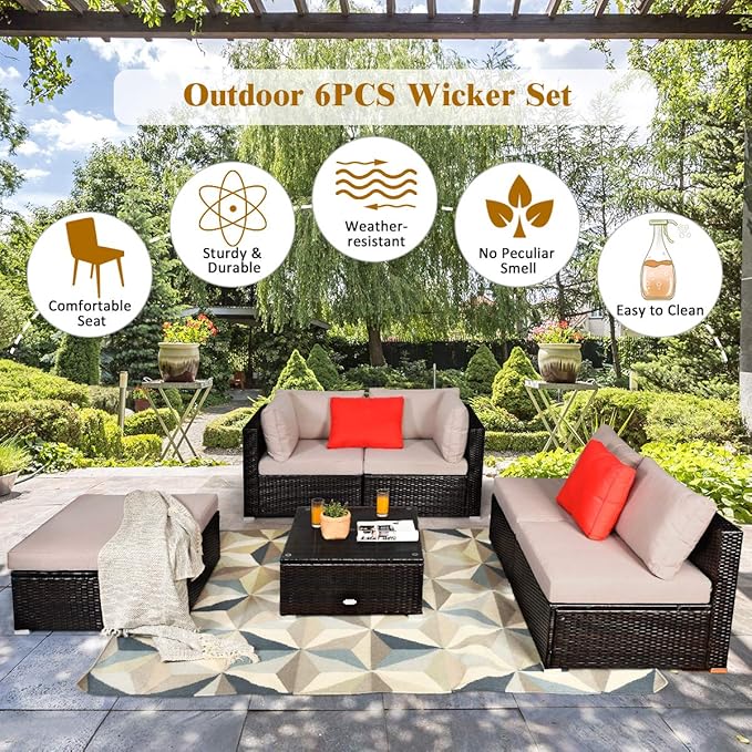 Tangkula 6 Piece Patio Furniture Set, Outdoor Deck Lawn Backyard Durable Steel Frame PE Rattan Wicker Sectional Sofa Set, Conversation Set with Coffee Table (Beige)