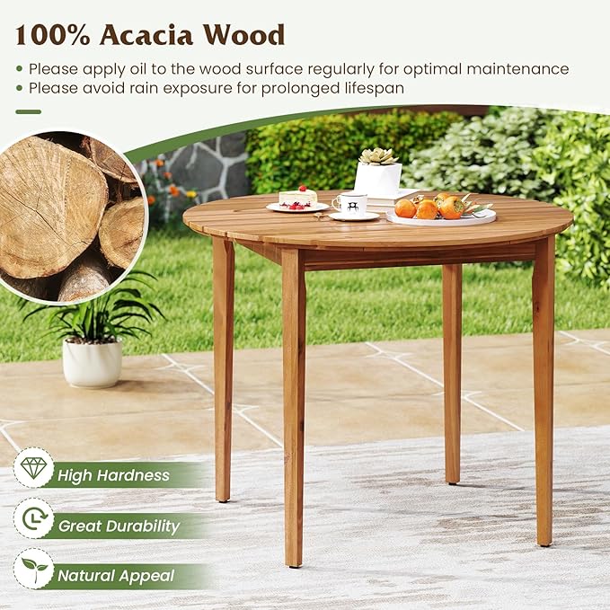 Tangkula 36" Round Outdoor Dining Table for 4, Acacia Wood 4-Person Patio Table with Slatted Tabletop & Adjustable Foot Pads, Indoor Outdoor Dining Furniture for Deck, Garden, Poolside & Backyard