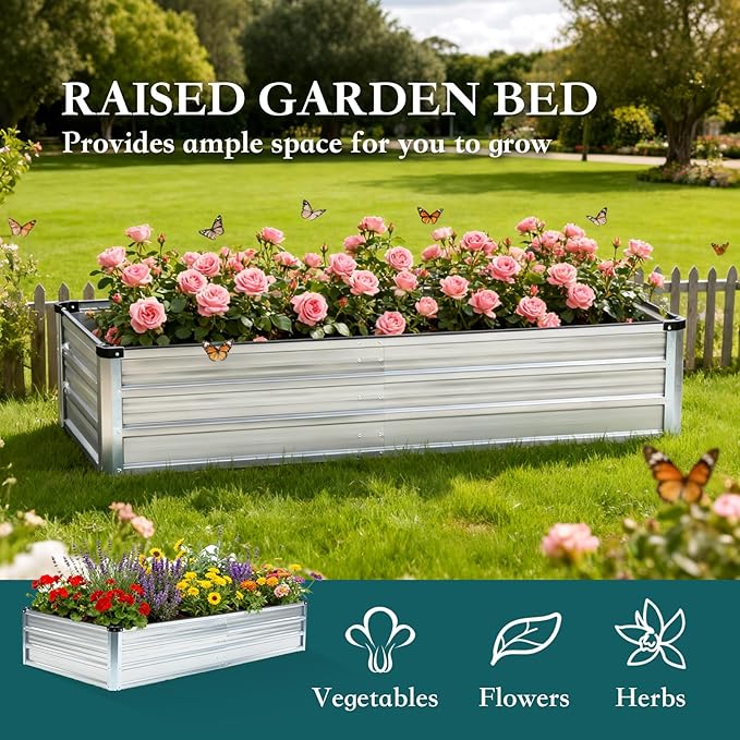DUMOS Raised Garden Bed Outdoor, 2 Pcs 6x3x1ft Planter Box Outdoor for Deep-Rooted Herbs/Flowers/Vegetables, Large Metal Garden Bed for Patio, Balcony and Backyard, Silver