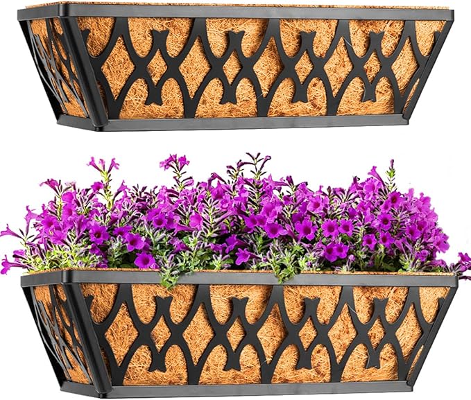 2 Pack 16 Inch Window Boxes Planters Railing Planter Box with Coco Liners Deck Railing Planter Boxes Balcony Hanging Flower Box for Outdoor Plants Garden Decor