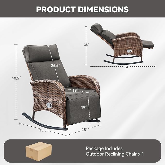 Zero Gravity Patio Rocking Wicker Recliner Chair - Wicker Outdoor Lounge Chair with Adjustable Backrest & Footrest, All Weather Reclining Rocker Chairs with Thick Cushion for Pool Deck Gray