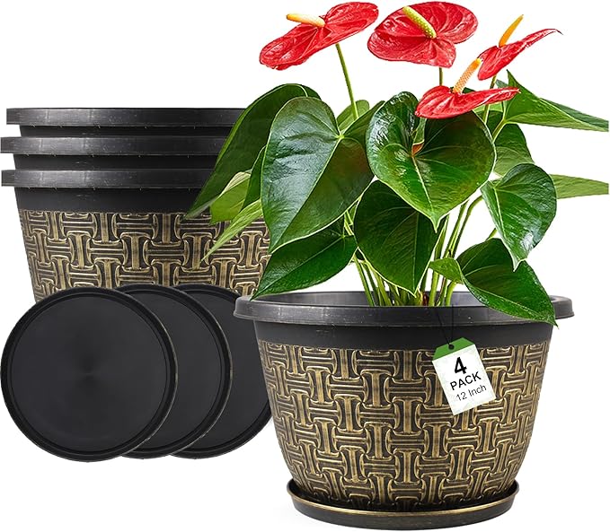 4 Pack 12 Inch Plant Pots,Large-Plant-Flower-Planters-Plastic, Flower Pots Outdoor Indoor with Drainage Holes & Trays, Retro Antique Imitation Decorative Garden Sets for Houseplants