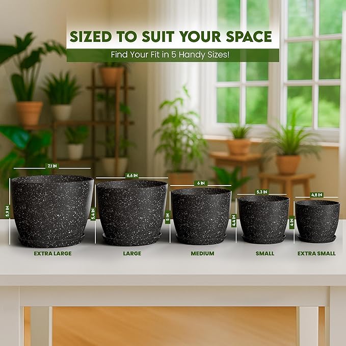 Utopia Home - Spotty Plant Pots Indoor with Drainage - 7/6.6/6/5.3/4.8 Inches Flower Pots - 10 Pack Plastic Planters - Ideal for Stocking Stuffers - (Speckled Black, Pack of 10)