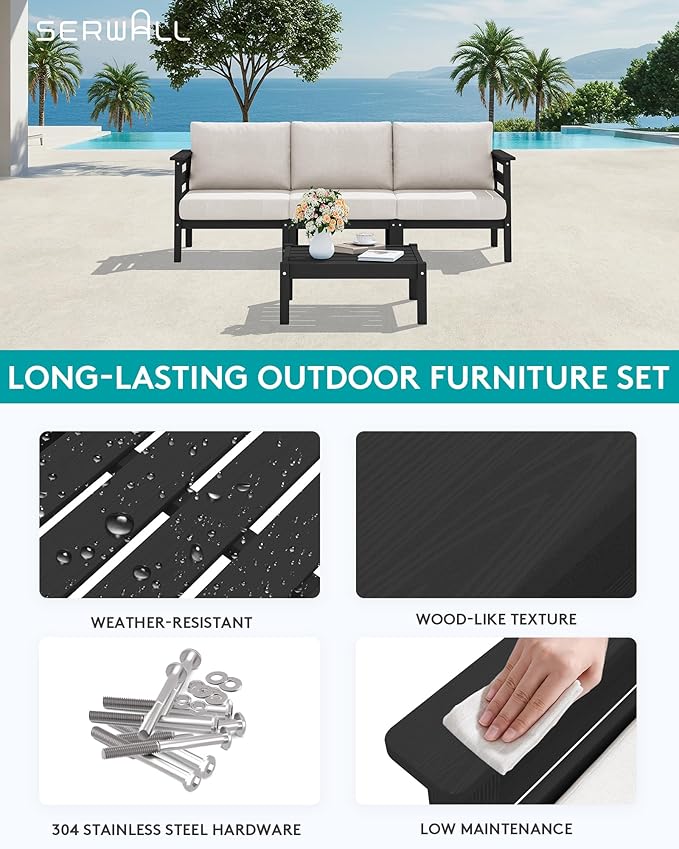 SERWALL HDPE Outdoor Furniture Set, 4 Pieces Patio Sectional Sofa Set, All-Weather Wood-Like Outdoor Sofa with Coffee Table for Deck, Garden, Black Frame with Khaki Cushion