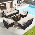 8 Pieces Patio Furniture Set All-Weather Outdoor Wicker Sectional Conversation Sofa Rattan Patio Seating Sofa with Cushion and Glass Table for Porch Poolside,Beige