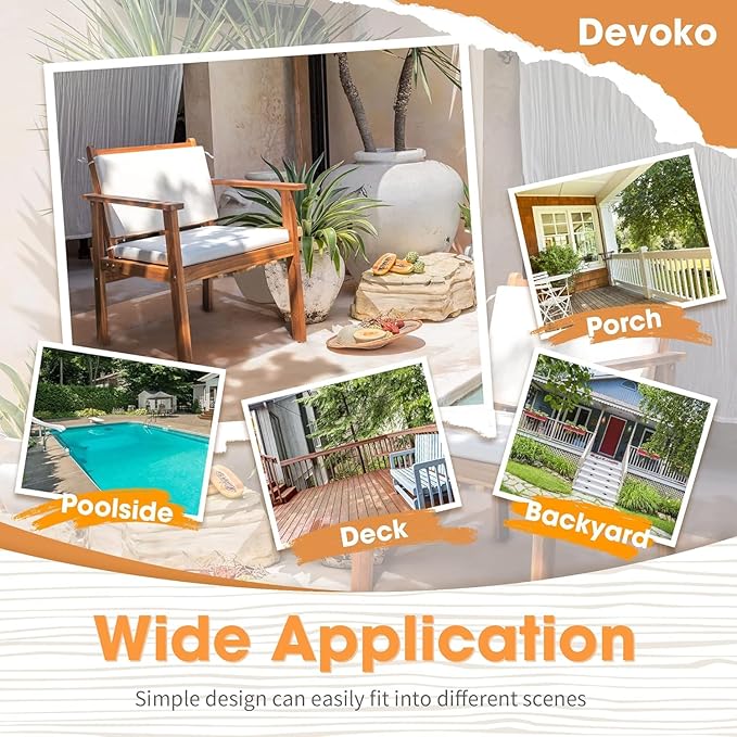 Devoko Patio Set 3 Piece Acacia Wood Outdoor Furniture Conversation Seat with Table & Cushions Porch Chairs for Balcony, Deck, Backyard
