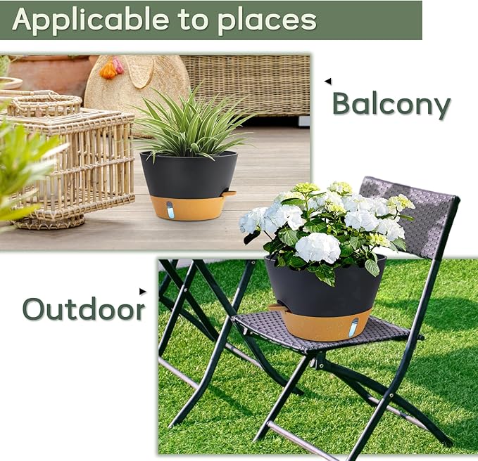 12-Inch Self Watering Planters with Drainage Holes, Large Flower Pots for Indoor Outdoor Plants, Garden Pots Grey 2 Pack
