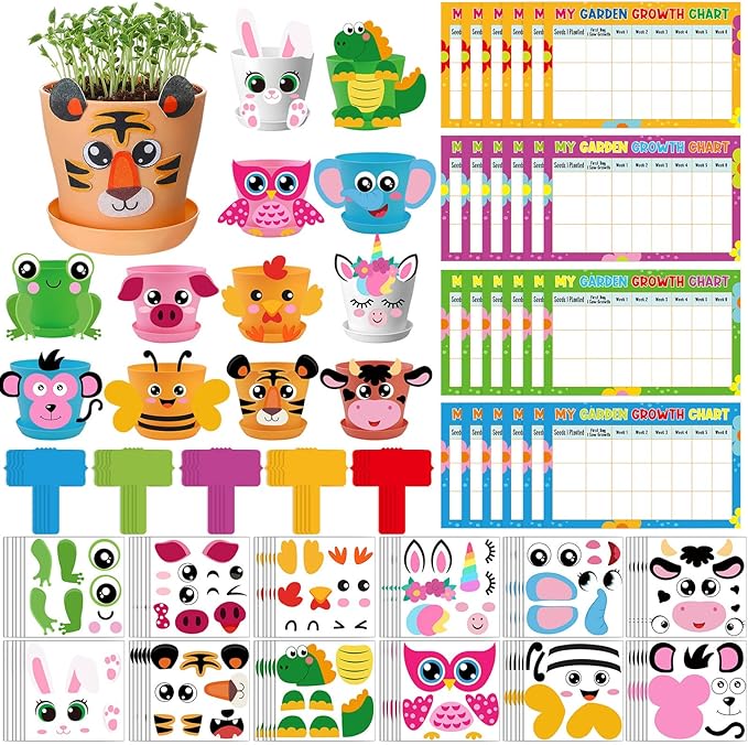 Capoda 24 Sets Garden Flower Pots Crafts Kit DIY Spring Plastic Seedling Nursery Pots with Stickers Plant Labels Growth Charts Planting Growing Tools Classroom Activities Project Gifts (Colorful)