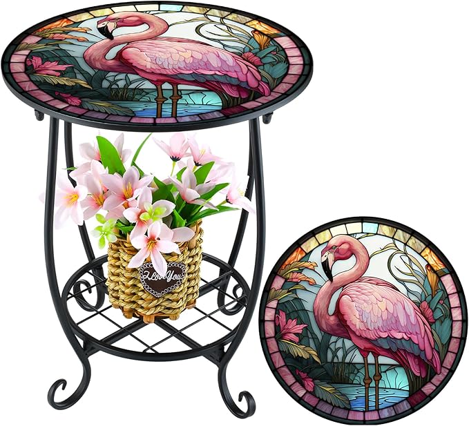Outdoor Side Table Round Small Mosaic Patio Accent Indoor End Plant Coffee Tea Table for Yard Patio Porch Garden Living Room, Bedroom(Flamingo Style,14 Inch)