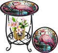 Outdoor Side Table Round Small Mosaic Patio Accent Indoor End Plant Coffee Tea Table for Yard Patio Porch Garden Living Room, Bedroom(Flamingo Style,14 Inch)