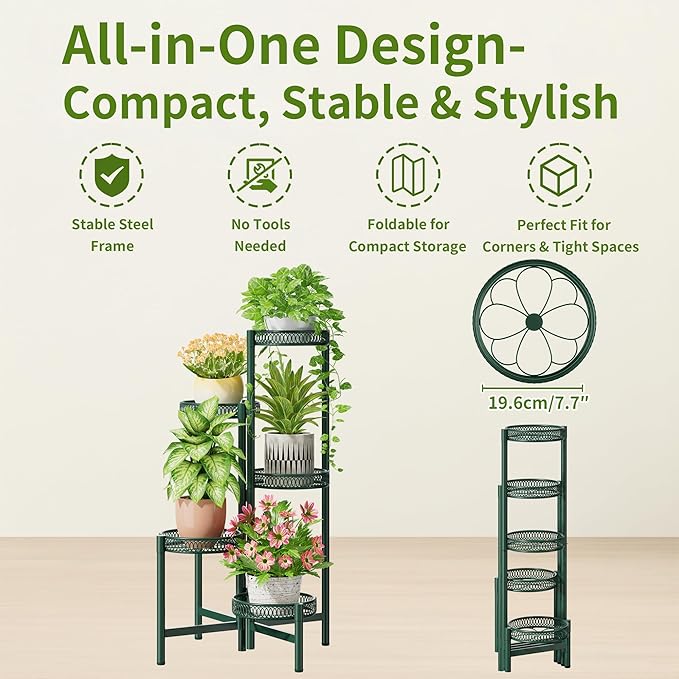5-Tier Metal Plant Stand Indoor Outdoor, Corner Tall Plant Shelf for Multiple Plants, Foldable Plant Stand, Heavy Duty Flower Stand Holder for House Living Room Balcony Garden Patio -GreenFlower