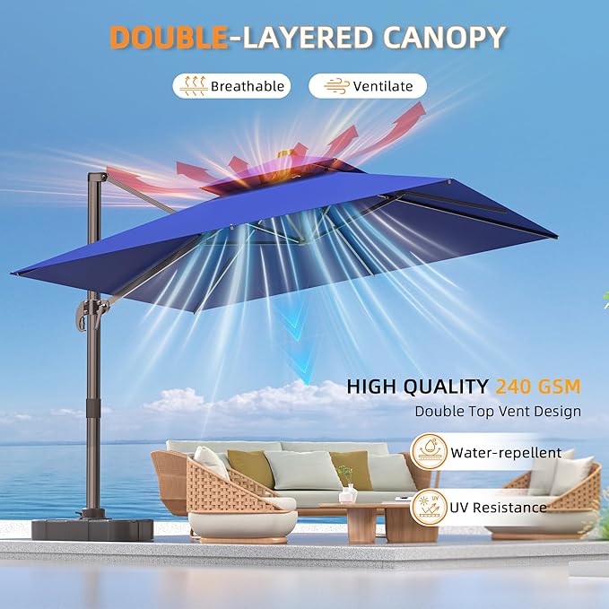 9' X 12' Cantilever Outdoor Patio Umbrellas Double Top Large Rectangle Umbrella Heavy Duty 360°Rotation Offset Umbrella for Garden Deck Pool Patio,Navy Blue