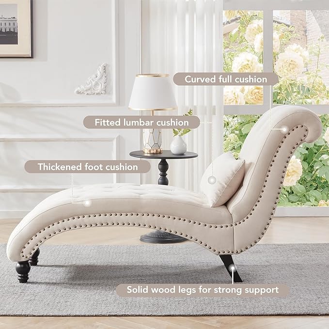 Tufted Soft Chaise Lounge Indoor, Linen Rivets Chaise Lounge Chair for Bedroom Living Room, Armless Upholstered Chaise Couch Chair with Square Cushions and Solid Wood Legs, Beige