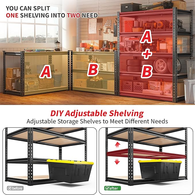 REIBII 2400LBS Storage Shelves 5 Tier Garage Shelving Heavy Duty, Adjustable Metal Shelving, Garage Shelves for Basement, Warehouse, Pantry, Closet, Kitchen 72" H x 35.55" W x 16" D, Black, 4 Pack