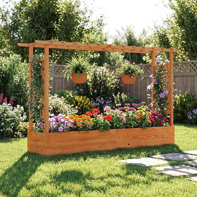 Giantex Raised Garden Bed with Trellis & Hanging Roof, Wood Planter Box with Bottom and Drainage Holes, Freestanding Garden Planter for Flower Vegetable Fruit Herb Climbing Vines (79" x 17.5" x 45")